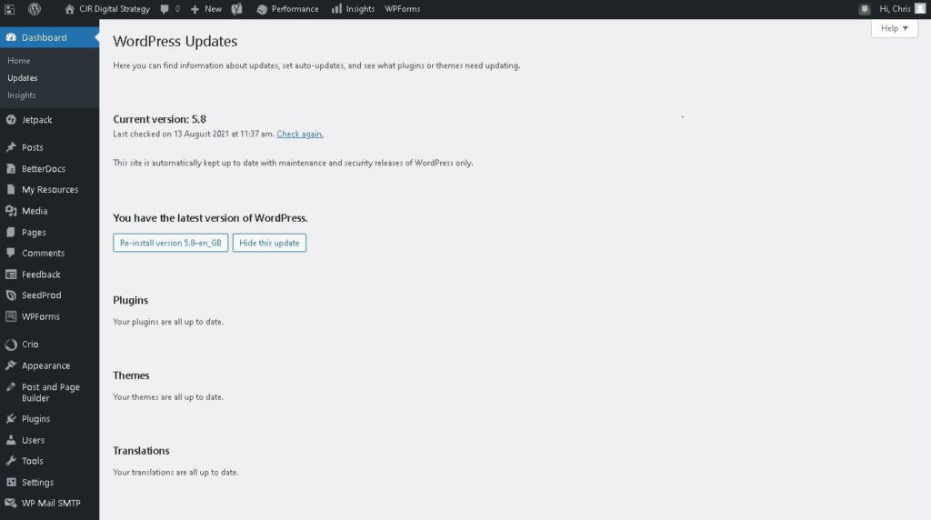 CJR Digital Strategy website wordpress updates to latest versions of software
